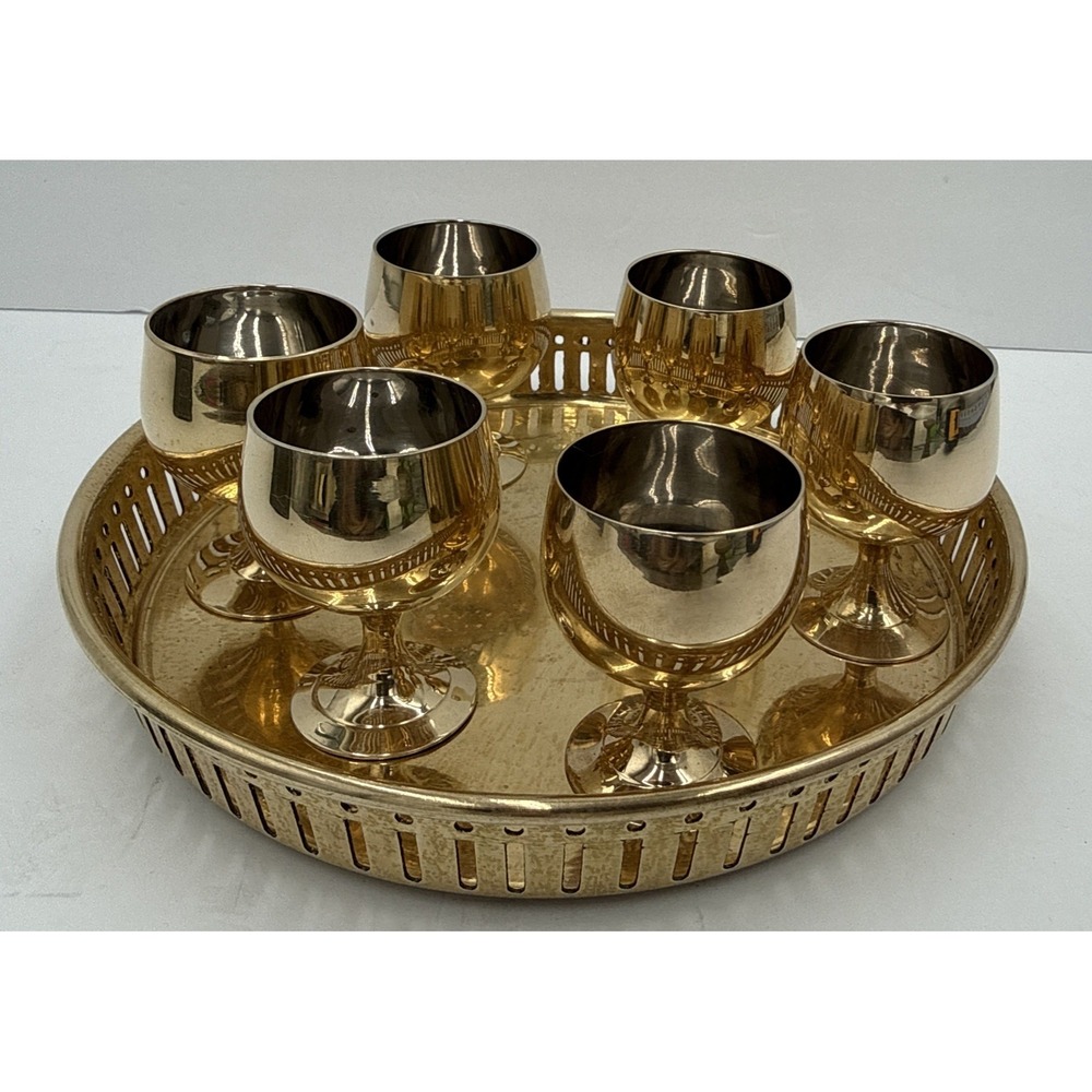 Vintage Brass Cordial Glasses Set of 6 w/ Tray Mid Century‎ Barware Goblets Gold